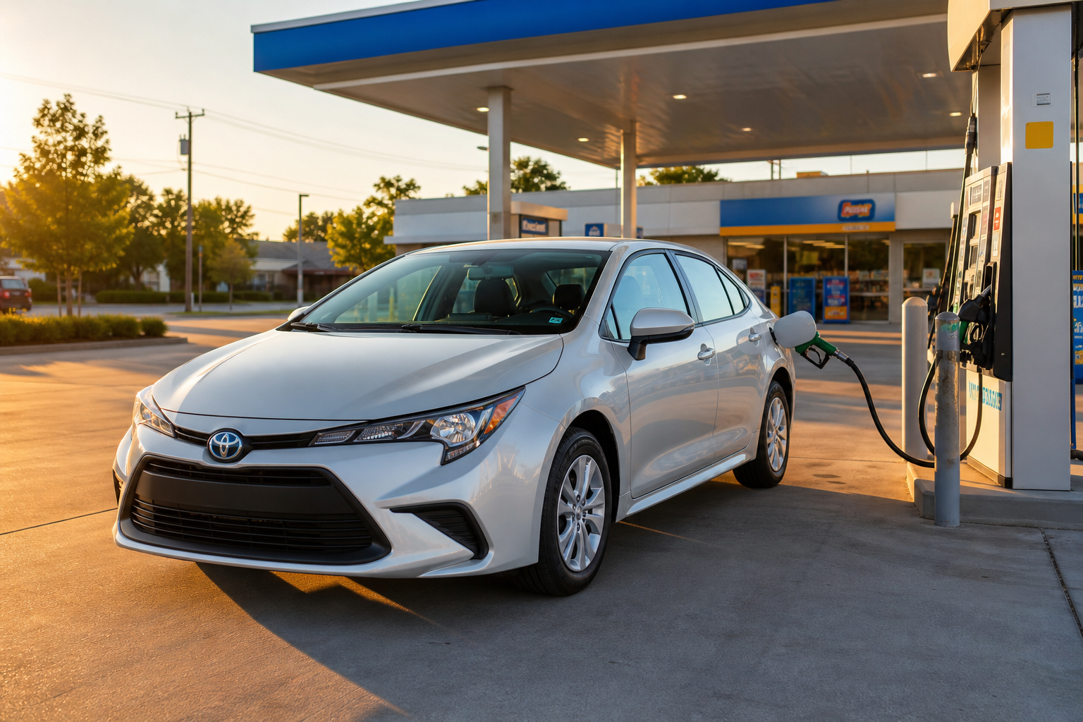 Toyota Corolla at a gas station illustrating fuel economy considerations