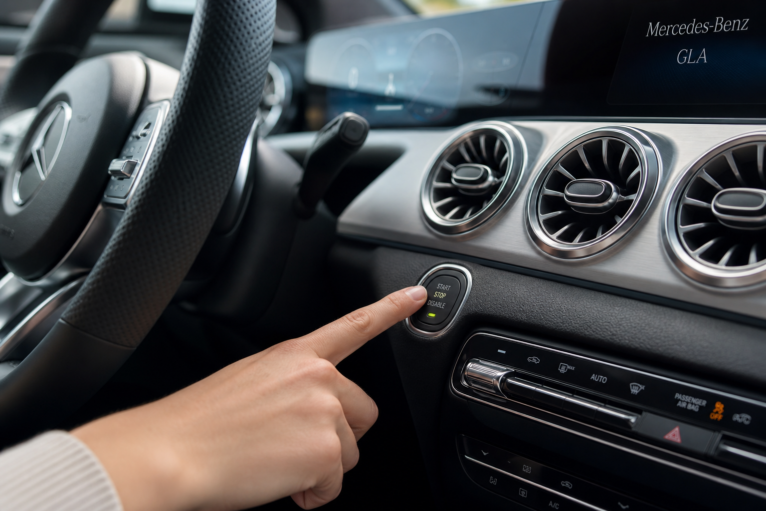 Hand pressing the Auto Start/Stop disable button on a Mercedes-Benz GLA dashboard