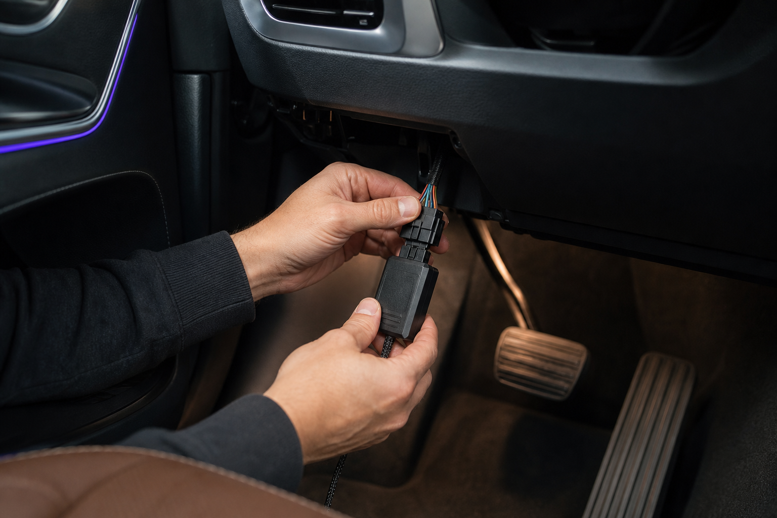Hands plugging a small electronic module into a wiring harness connector inside a modern SUV interior