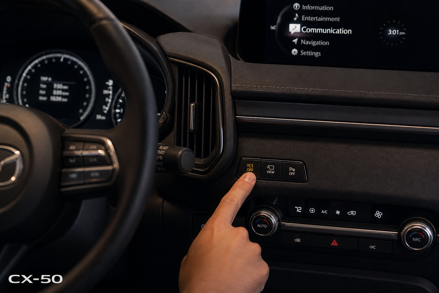 A finger pressing the i-stop button on a Mazda CX-50 dashboard
