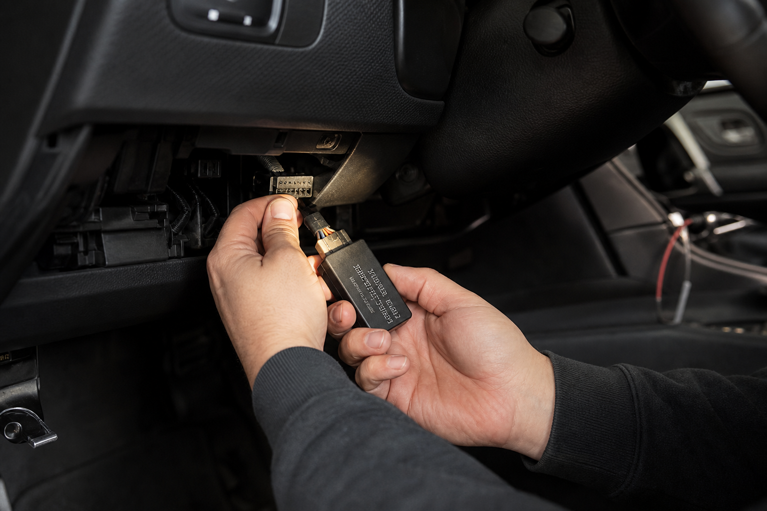 Hands plugging a small module into a wiring connector beneath a car dashboard