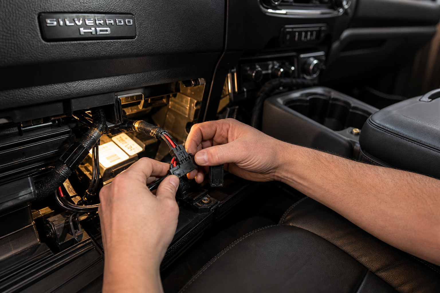 Mechanic connecting a wiring harness under the dashboard of a Chevy Silverado HD during auto start/stop module installation