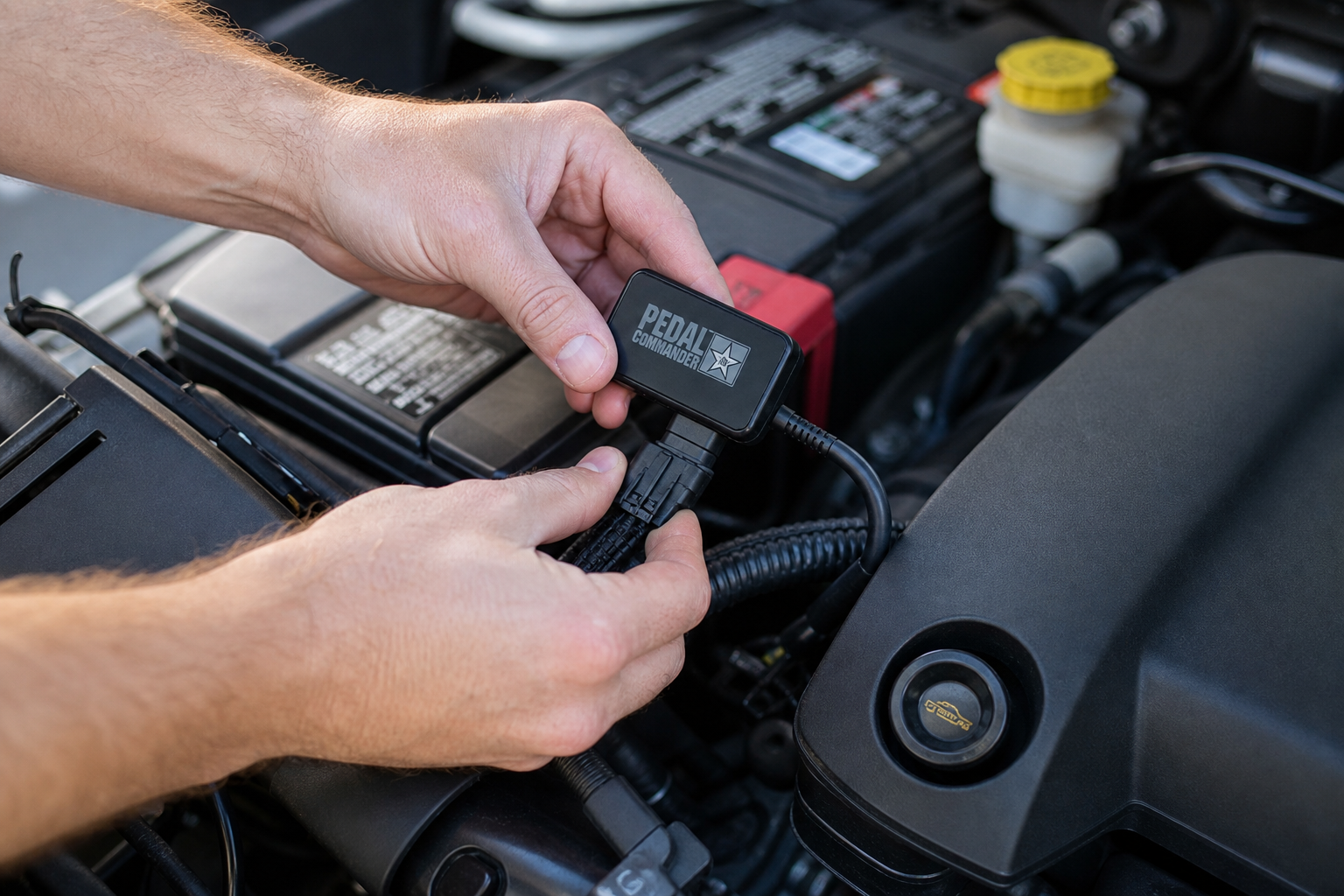 Hands installing a start/stop eliminator module into a wiring harness in a car engine bay