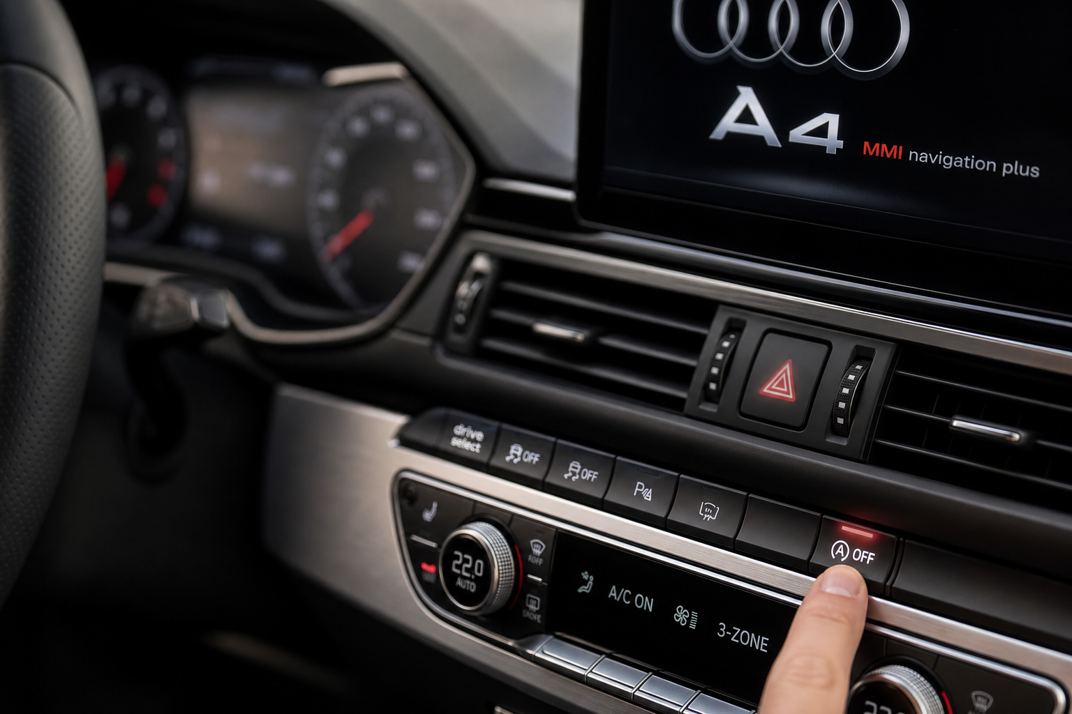 Finger pressing the auto start/stop disable button on an Audi A4 dashboard