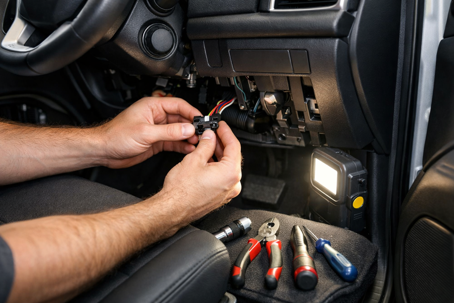 Hands installing a small automotive module by connecting a wiring harness under a car dashboard