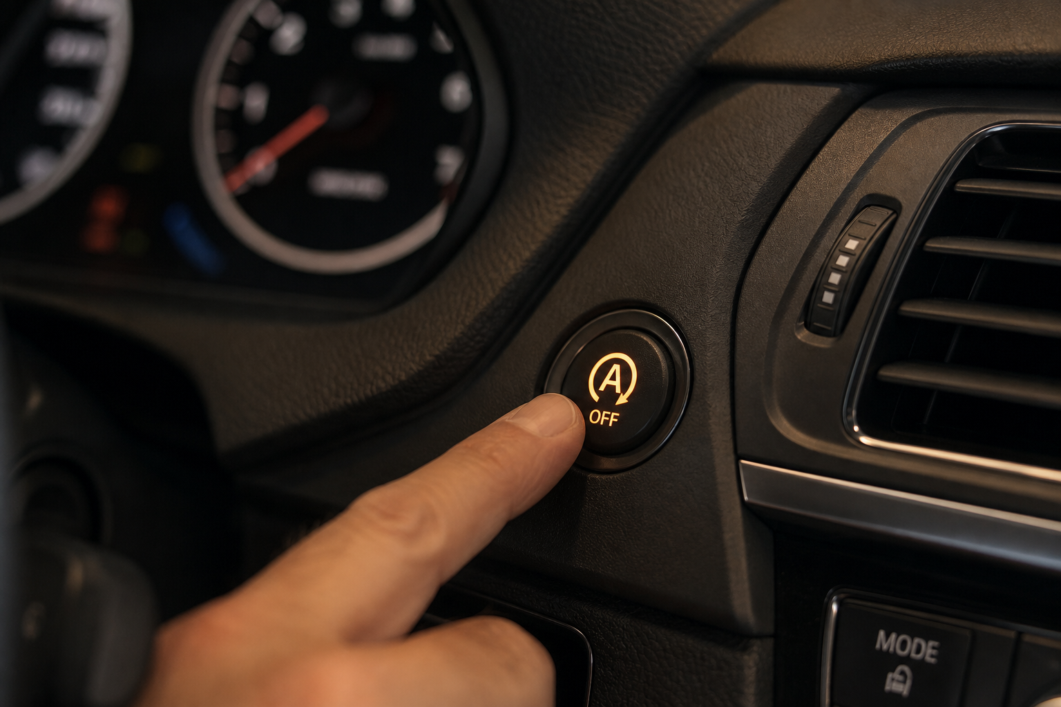 Driver's fingertip pressing the Auto Start/Stop disable button on a Chevy Malibu center console