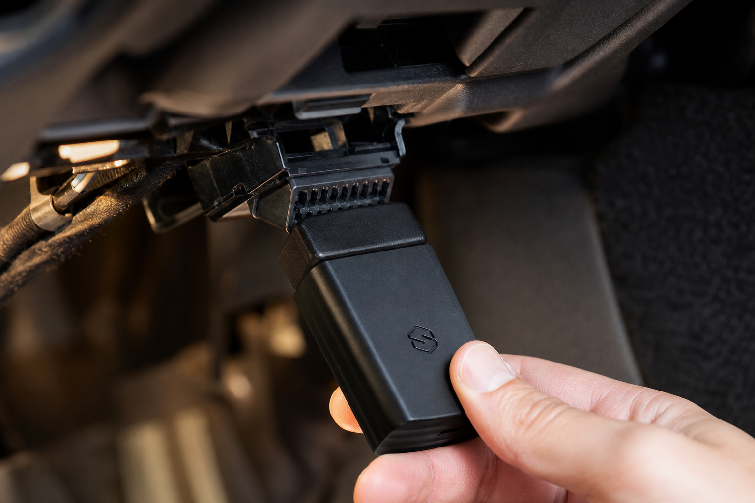 A plug-and-play auto start-stop eliminator module being connected to a car's wiring harness under the dashboard