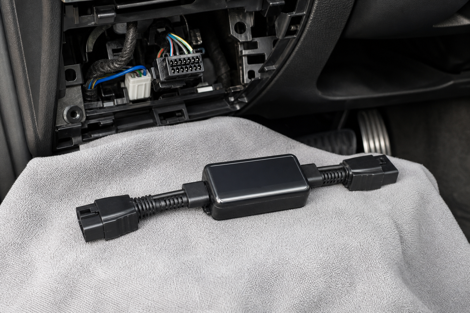 A small plug-and-play auto start-stop eliminator module placed near a car's wiring connector