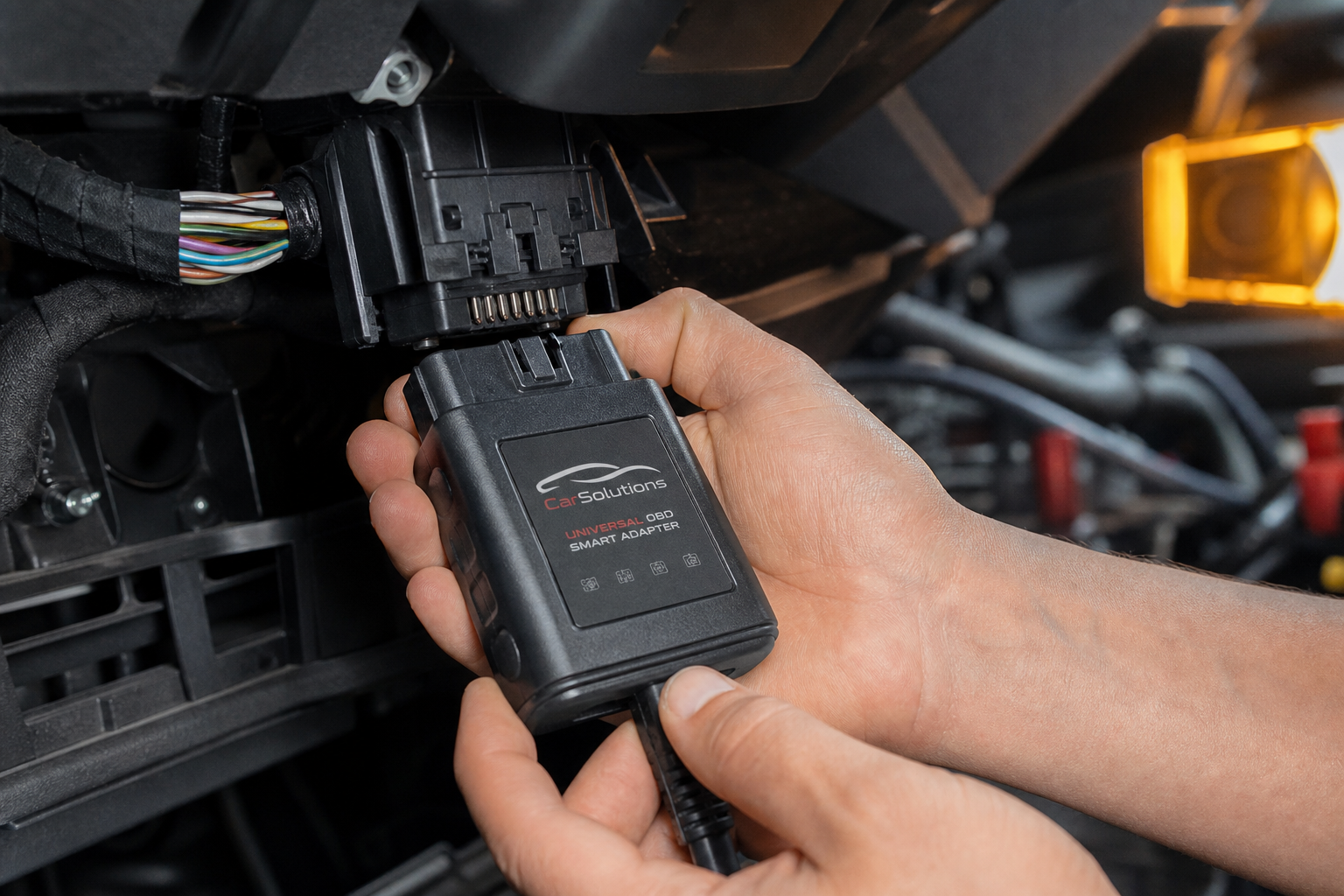 A small plug-and-play start/stop eliminator module being connected to a vehicle wiring harness
