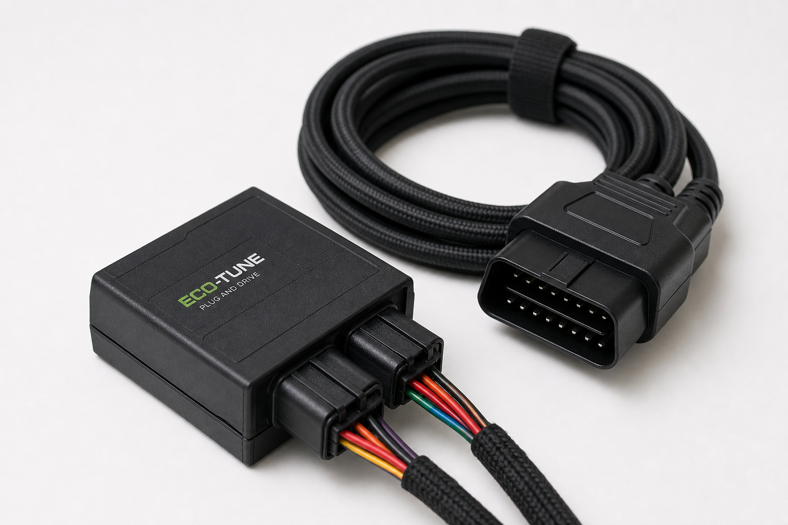 Small automotive start stop eliminator module with wiring connectors on a white surface