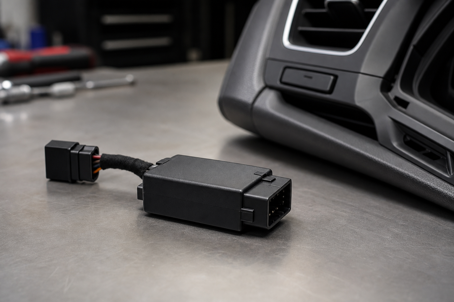 A compact auto start/stop eliminator module with wiring harness on a workshop surface