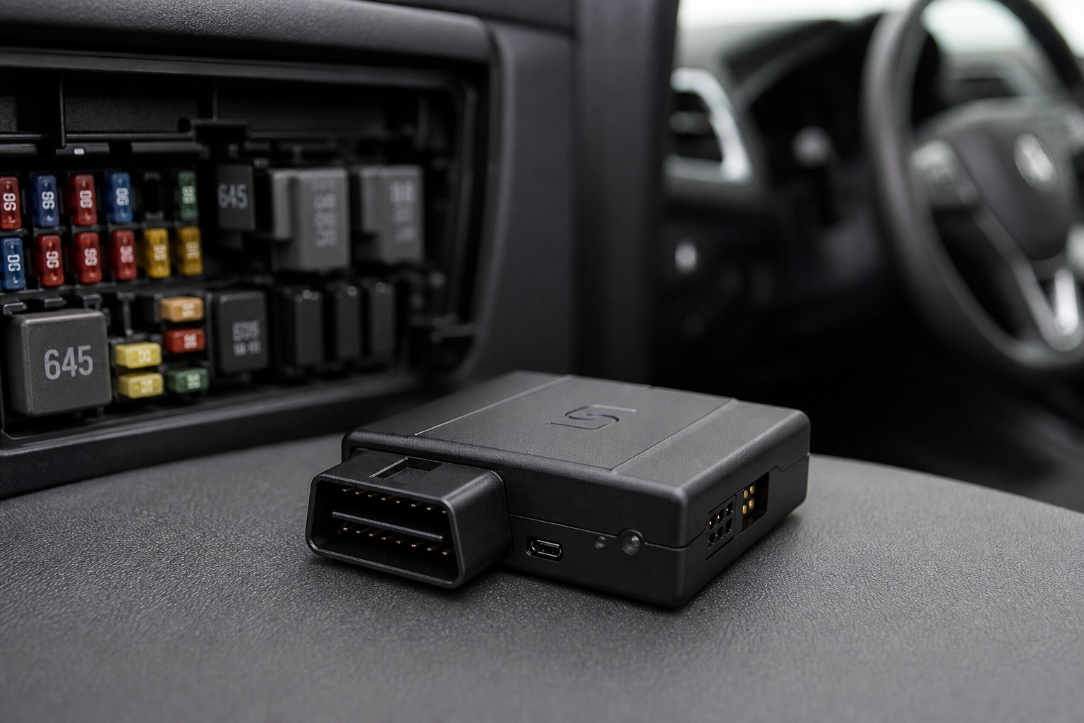 A small electronic start-stop eliminator module placed near a vehicle dashboard panel
