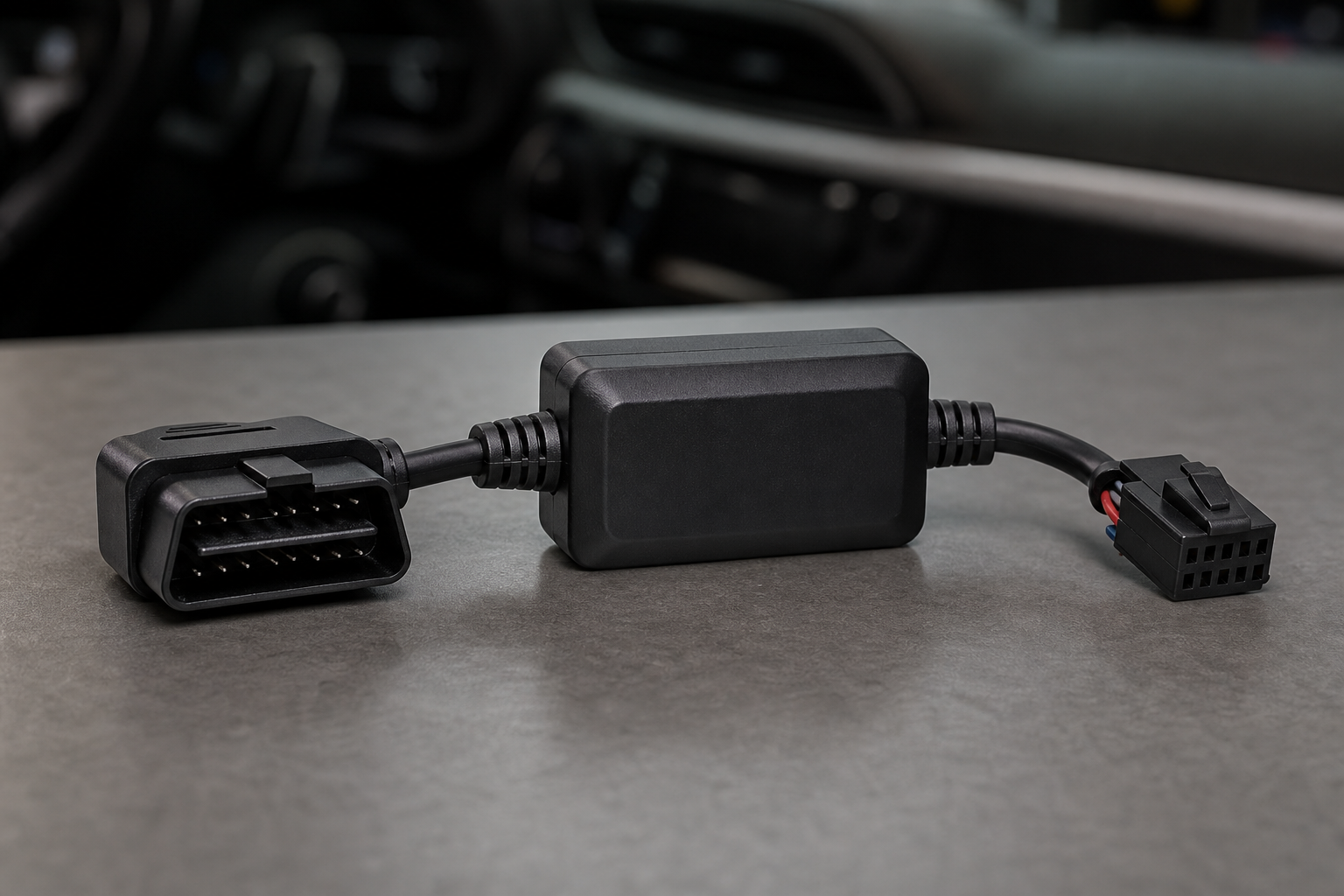 A small black automotive start/stop eliminator module with wiring connectors on a workbench