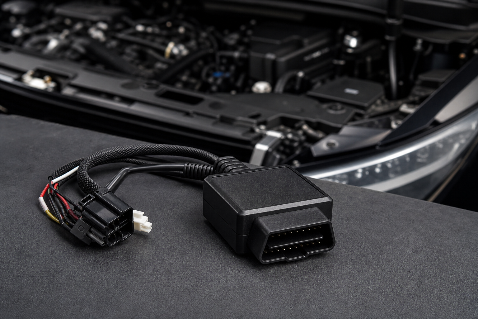 A small automotive start/stop eliminator module placed near a car engine bay
