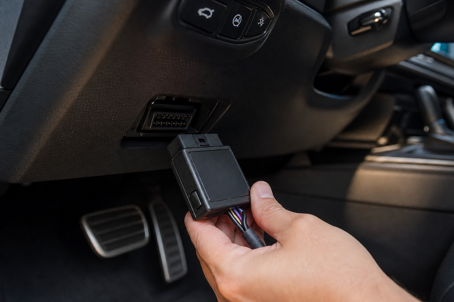 Start/Stop eliminator module being plugged into a car's OBD-II port under the dashboard