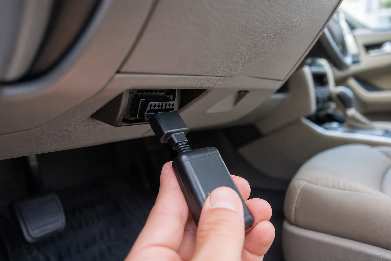 A small electronic start/stop eliminator module being plugged into an OBD2 port under a SUV dashboard