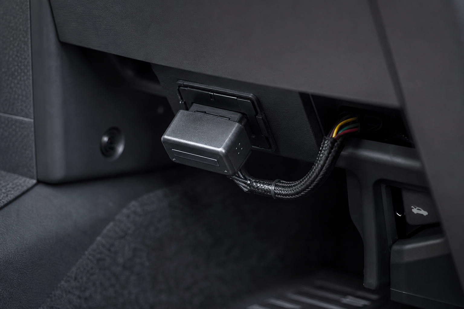 Small start-stop eliminator module plugged into a connector under the dashboard of an SUV