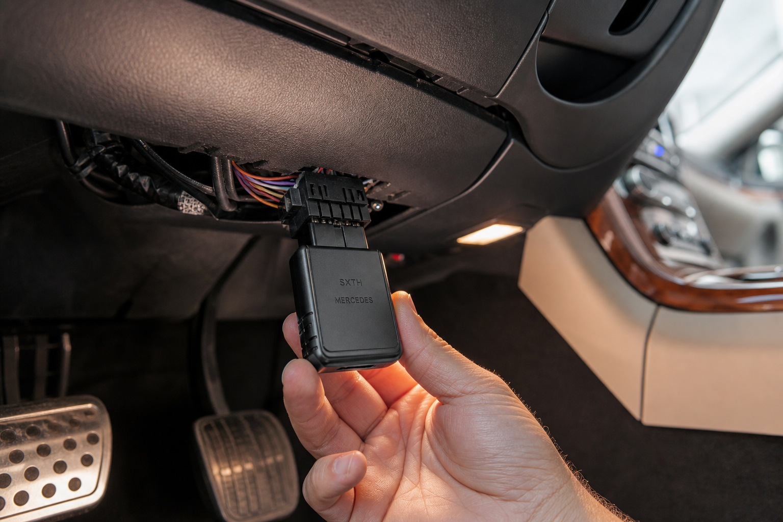 A start/stop eliminator module being plugged into a wiring connector under the dashboard of a Lexus NX