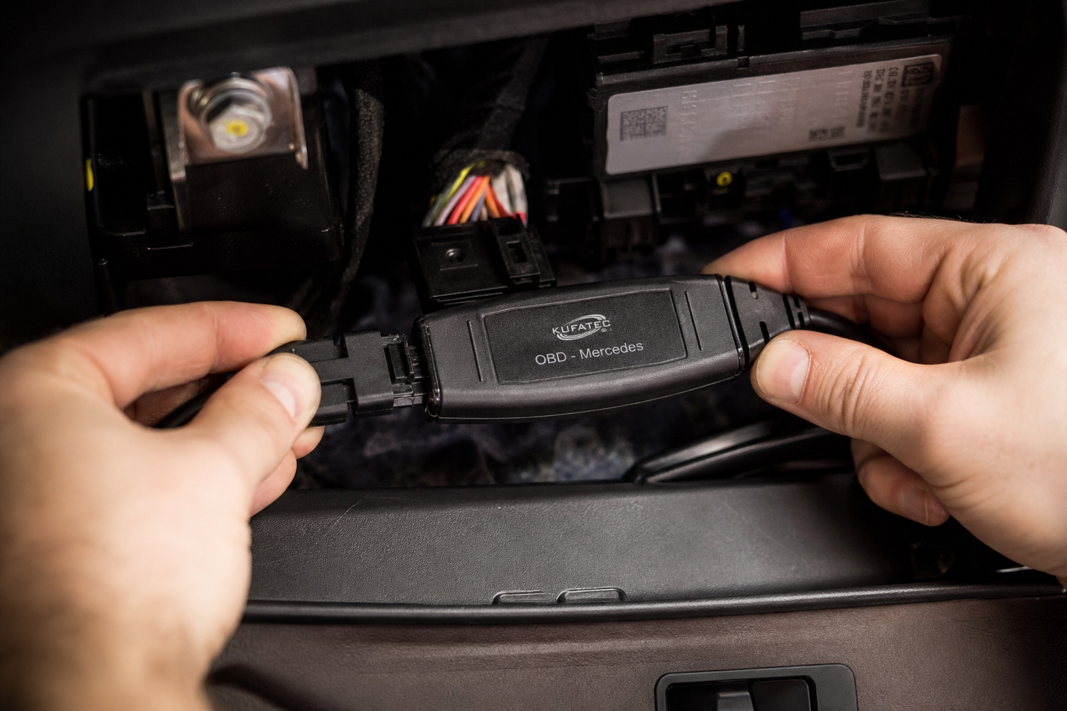 Hands connecting a stop-start eliminator module to a vehicle wiring harness under a car dashboard
