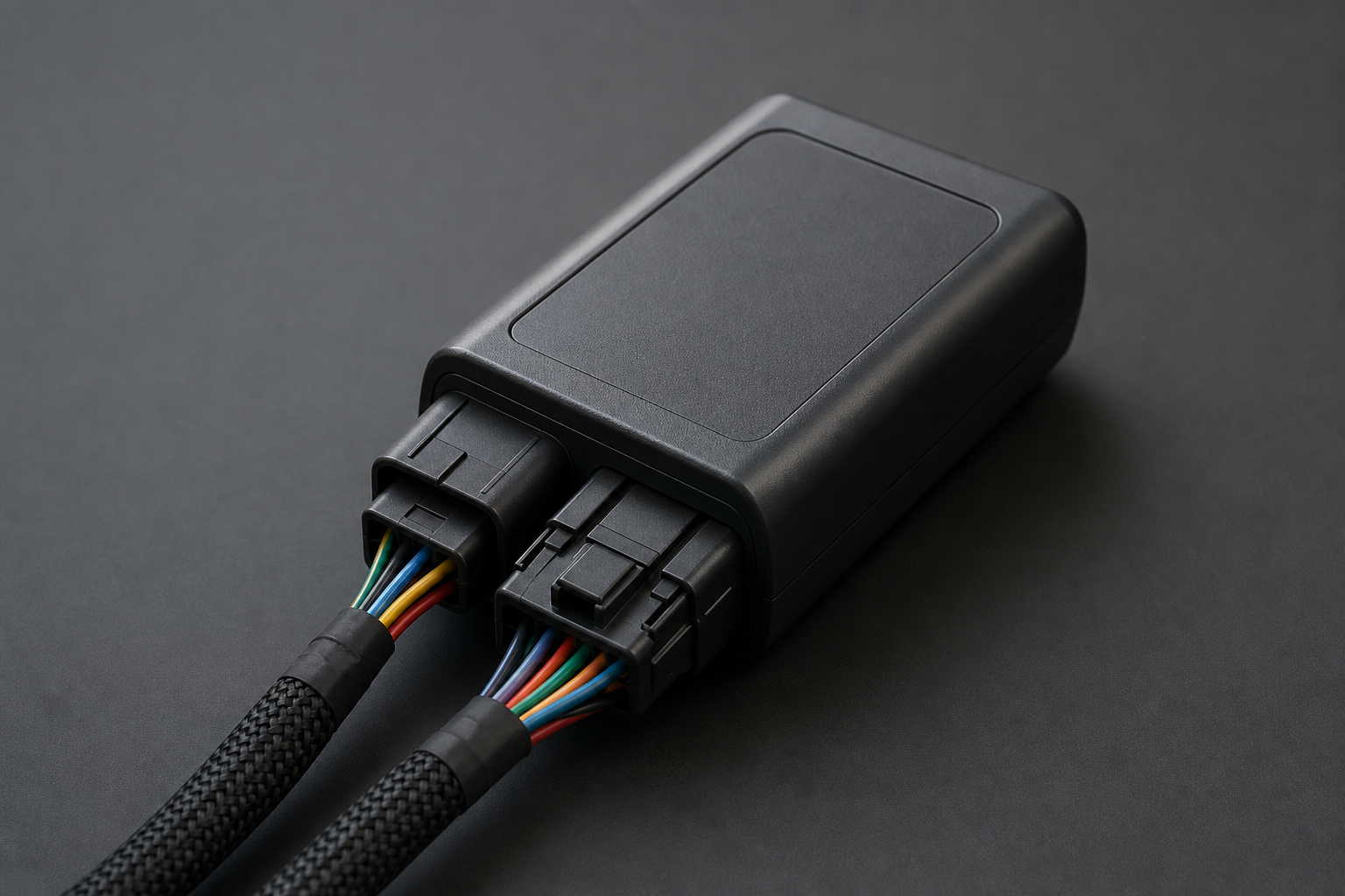 Small automotive auto stop/start eliminator module with wire connectors on a dark surface
