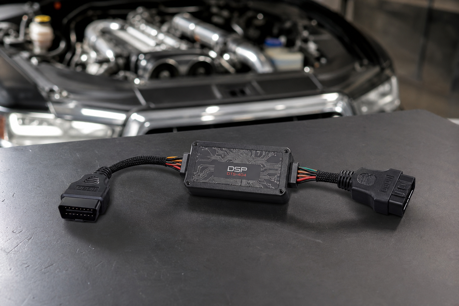 Idle stop eliminator plug-in module with wiring harness connectors on a workshop surface