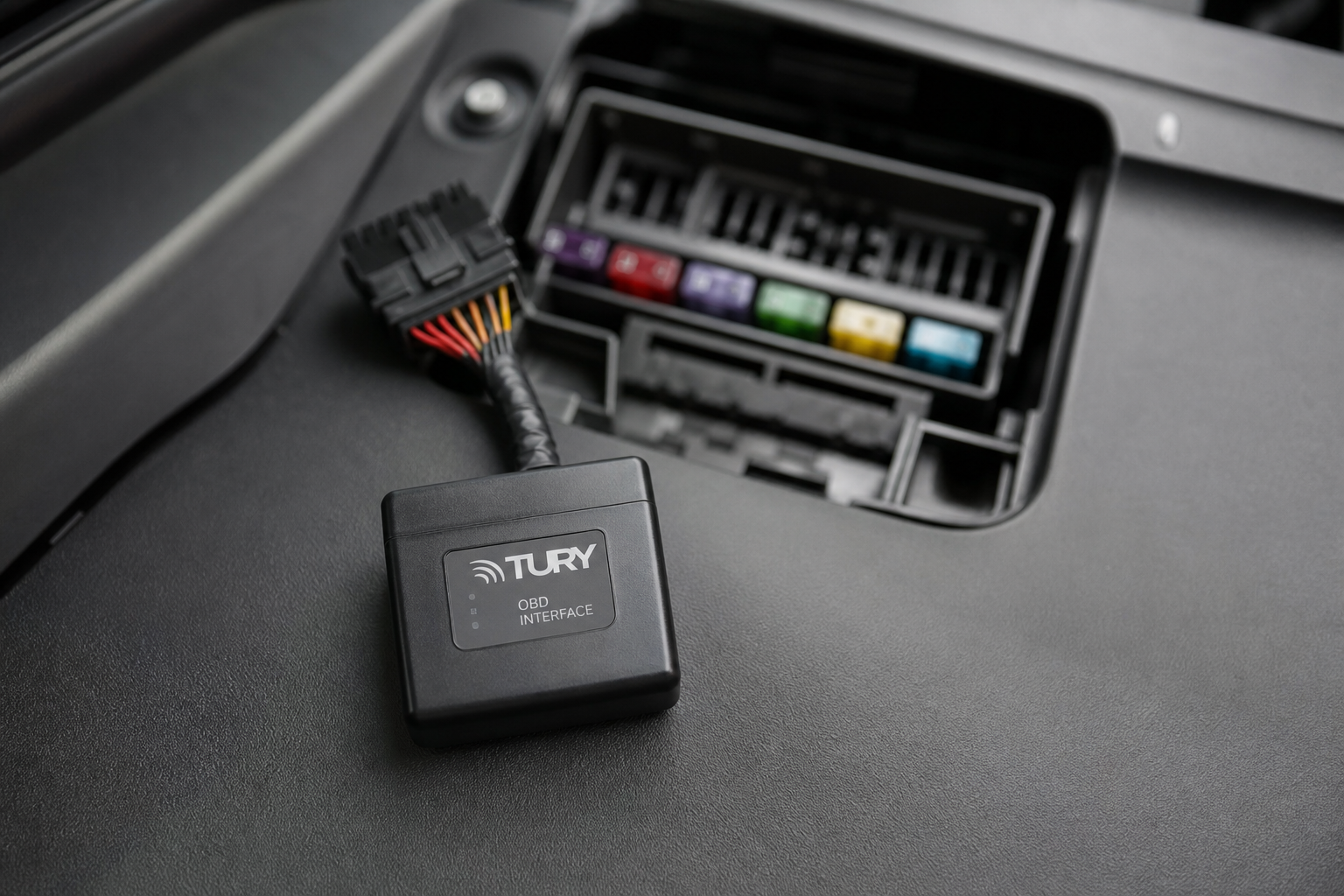 Small ISG eliminator module near a car's wiring connection under the dashboard