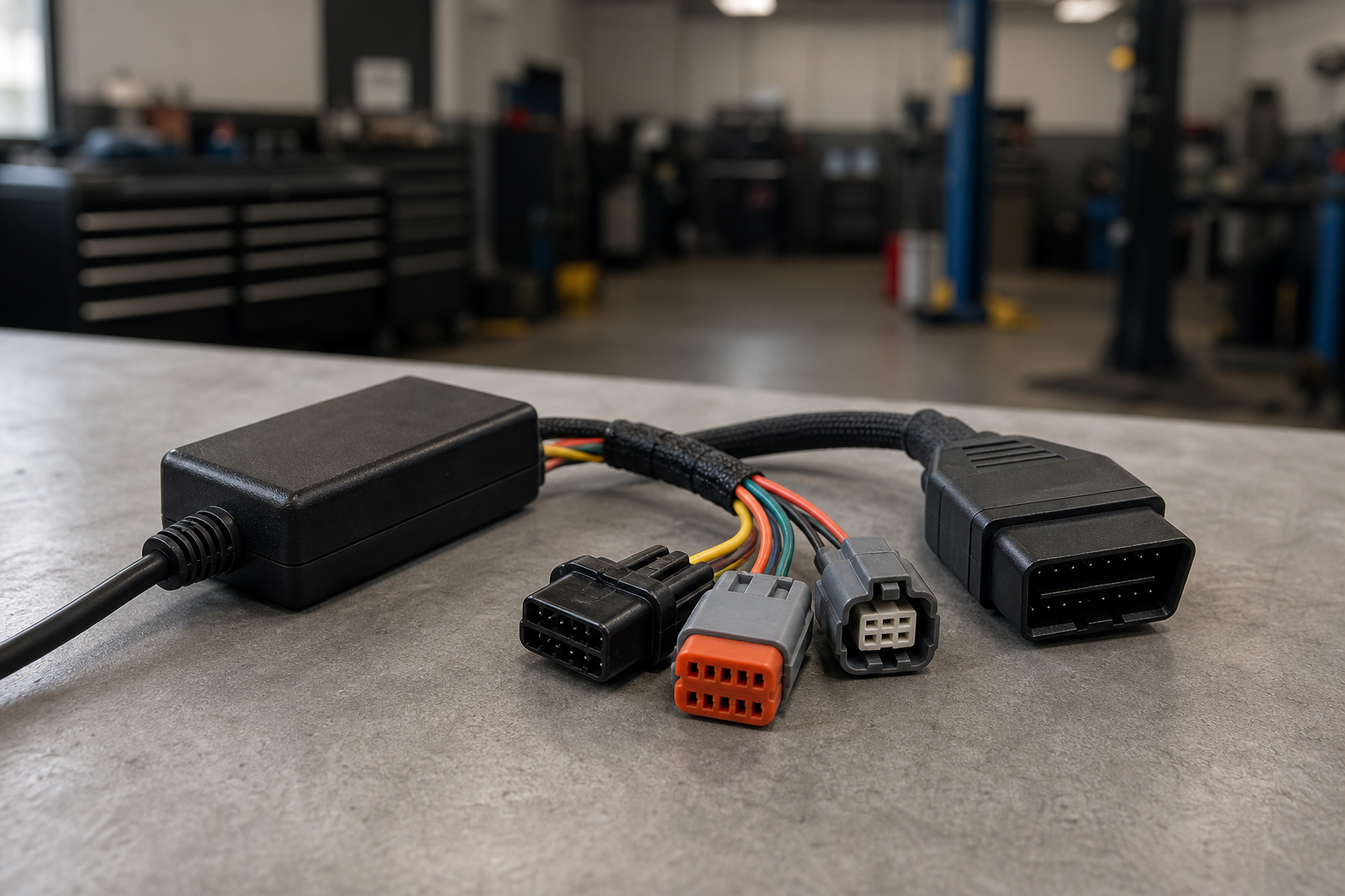A small auto start/stop eliminator module resting on a workshop workbench next to wiring connectors