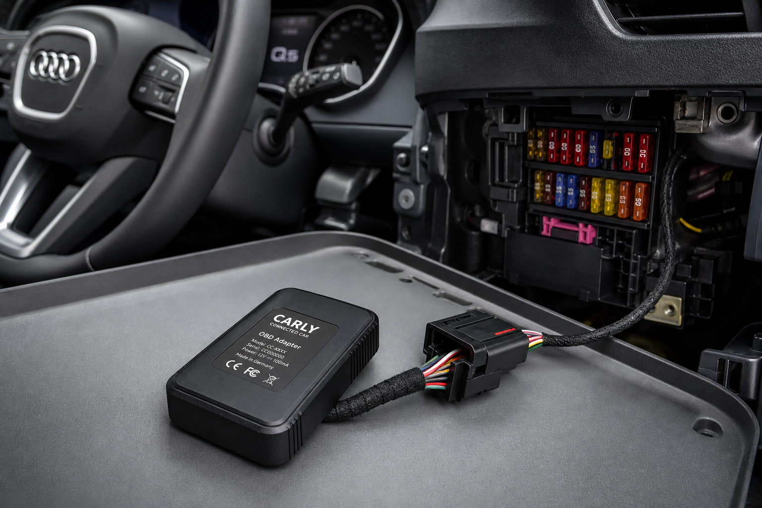 Small plug-and-play start/stop eliminator module next to an Audi Q5 dashboard wiring connector