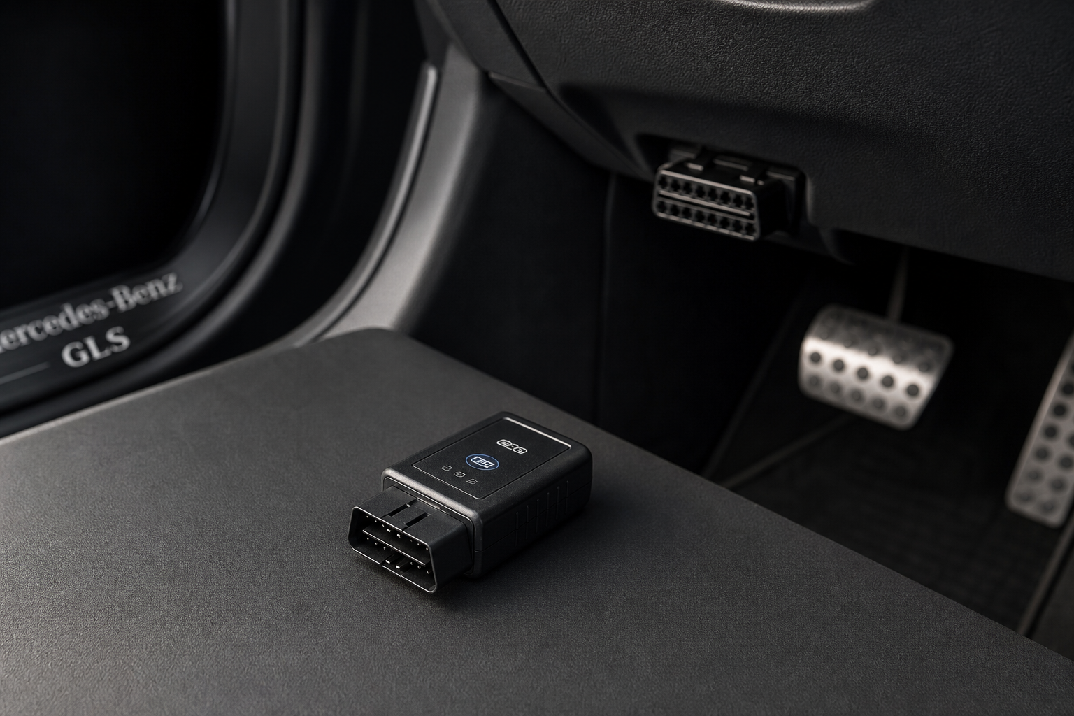 Start/Stop eliminator module plugged into an OBD2 port under a Mercedes-Benz dashboard
