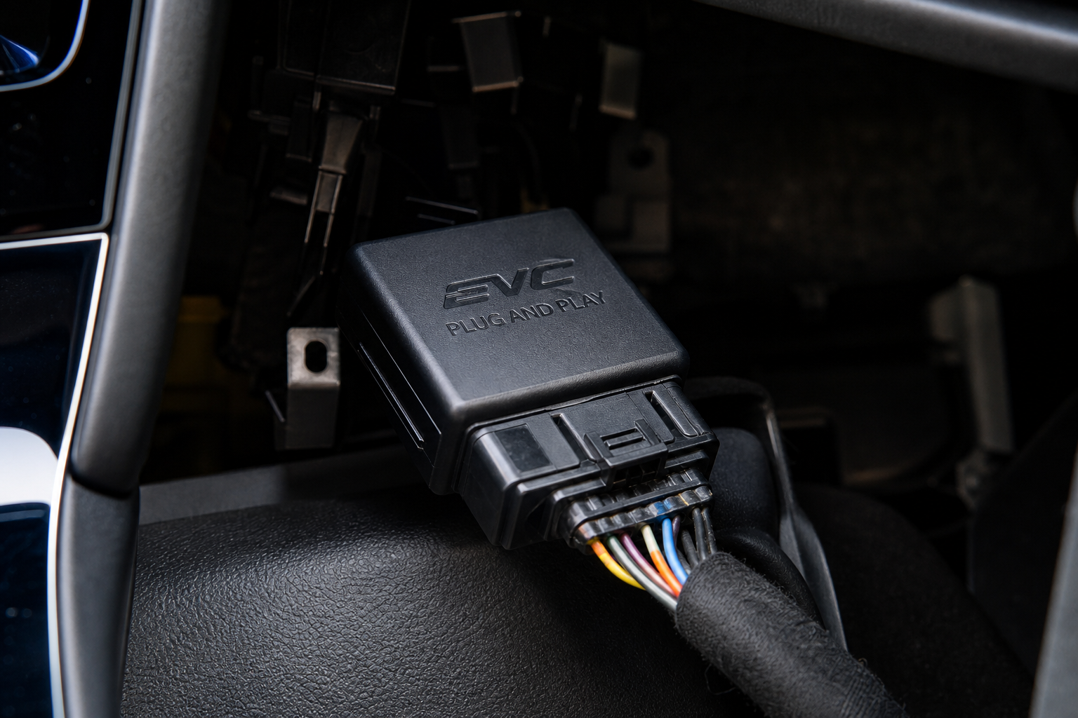 A plug-and-play start/stop eliminator module connected to a car wiring harness under the dashboard