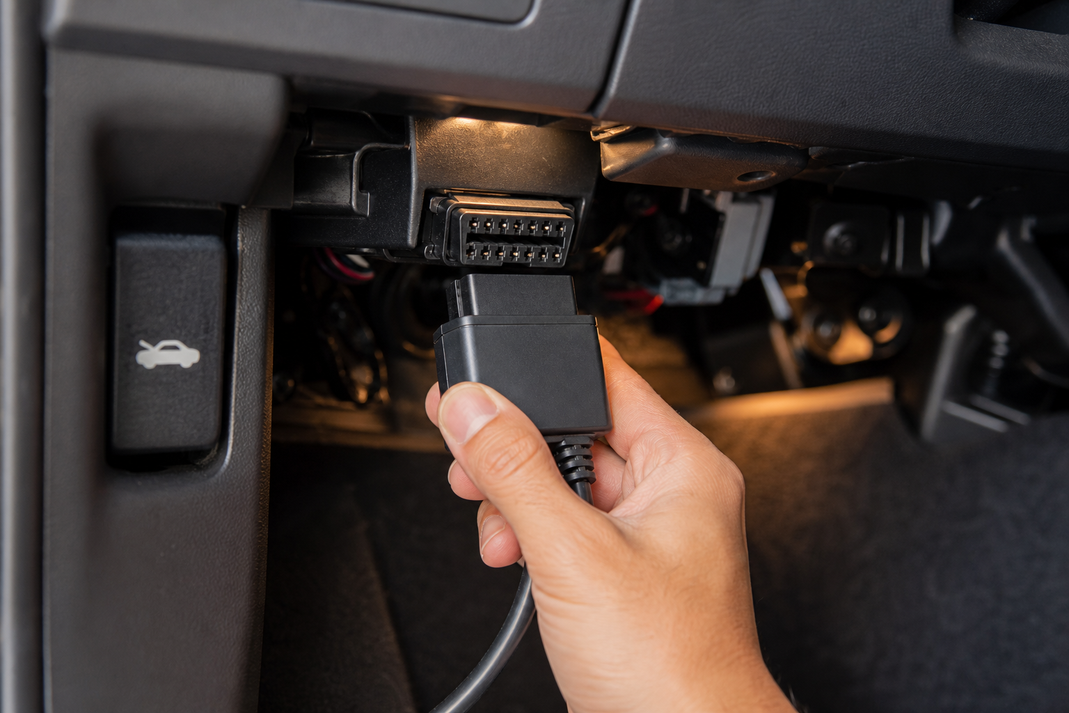 Plug-and-play auto start-stop eliminator module being connected to a car OBD2 port