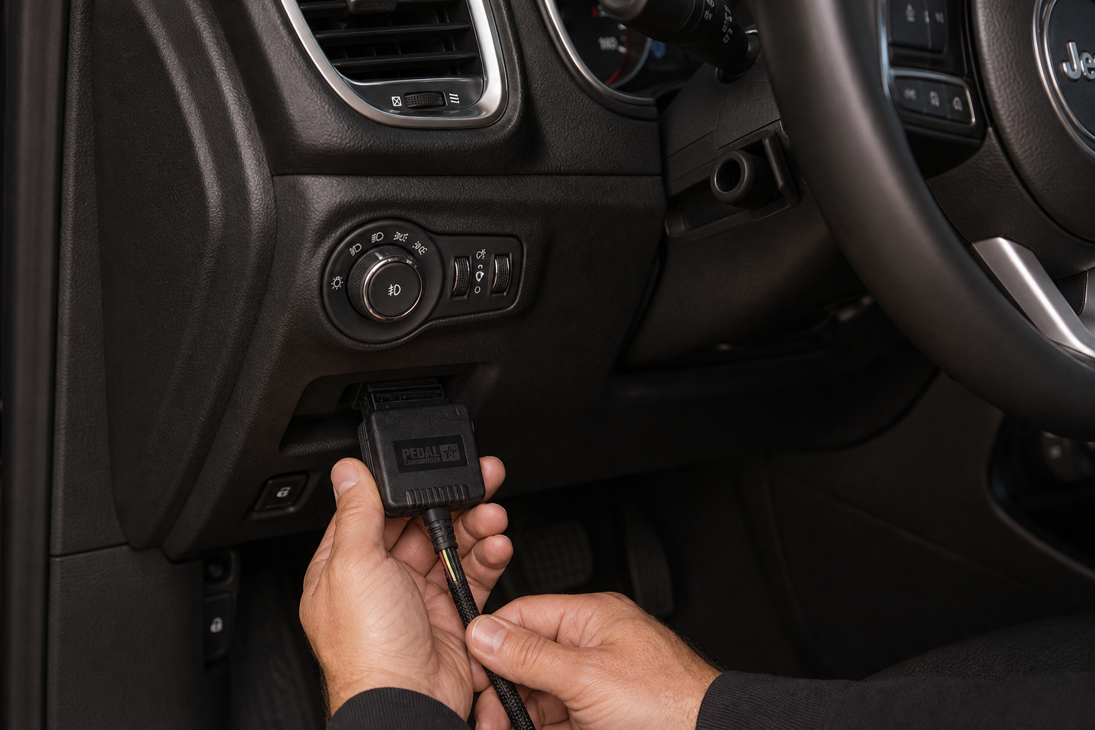A plug-and-play ESS eliminator module being connected under the dashboard of a compact SUV