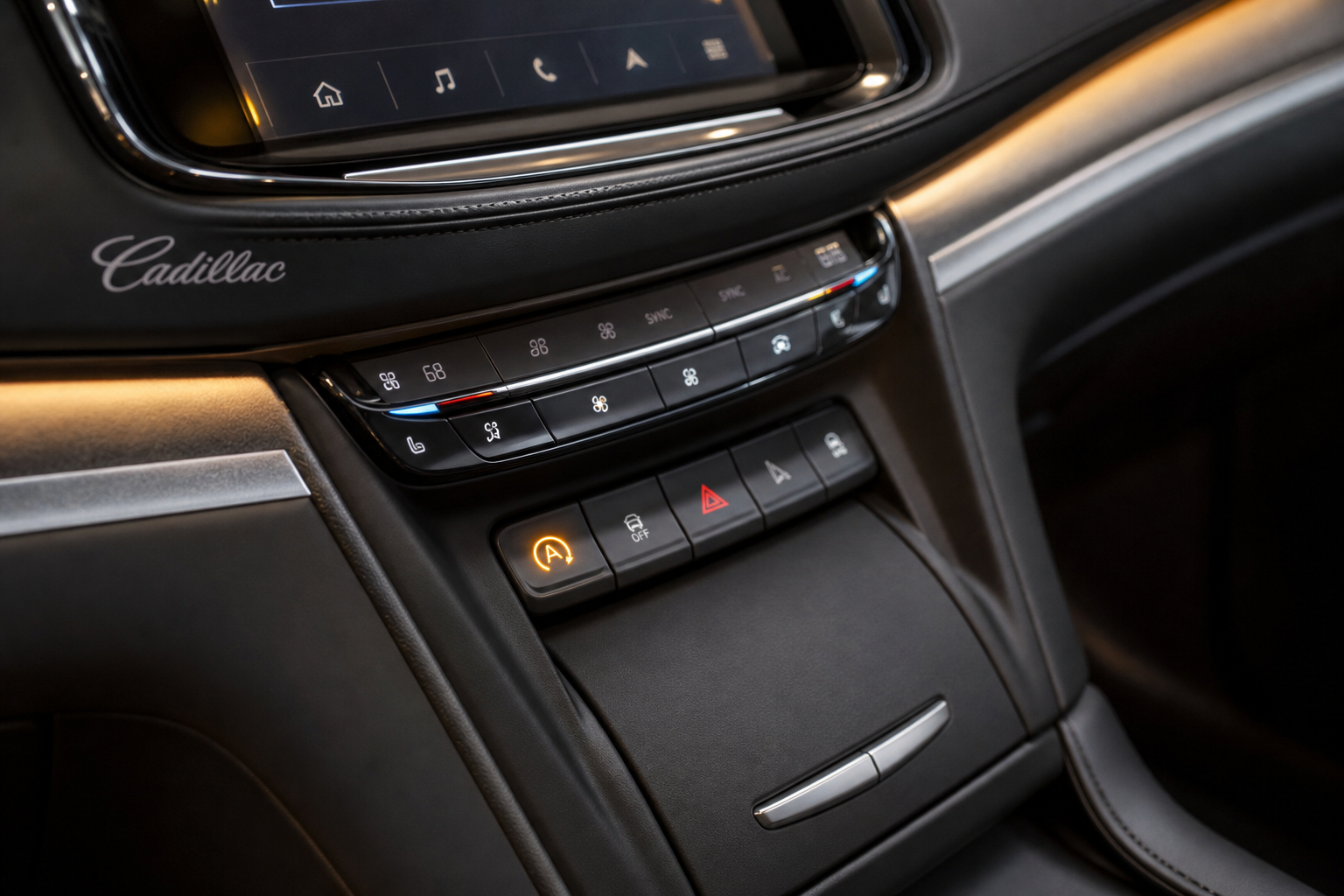 Close-up of the auto start/stop disable button on a Cadillac XT5 dashboard