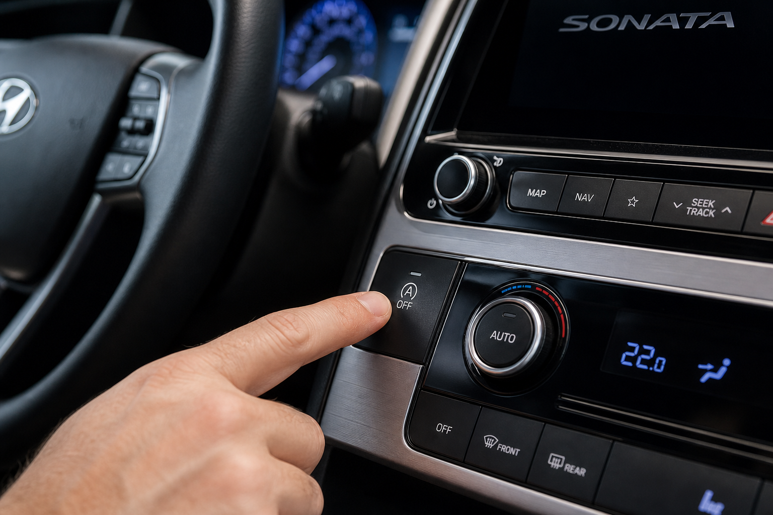 A finger pressing the auto start-stop disable button on a Hyundai Sonata dashboard