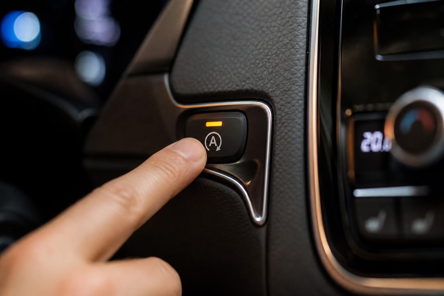 A finger pressing the auto start-stop disable button on a car dashboard