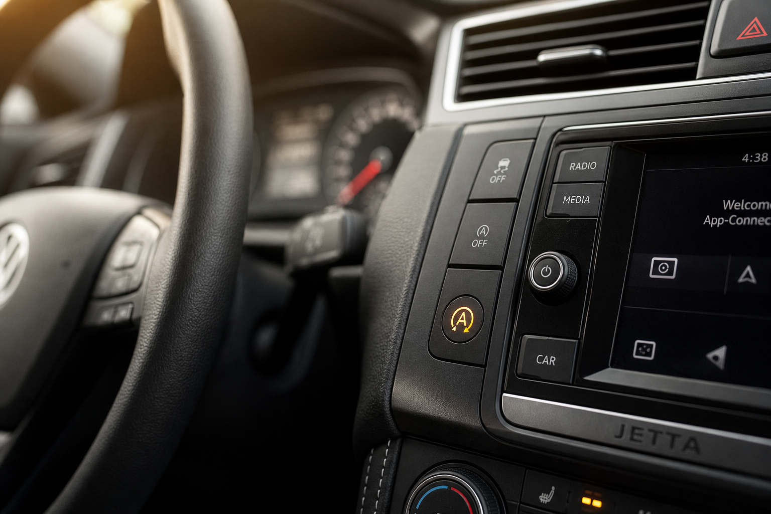Close-up of the auto start-stop button on a Volkswagen Jetta dashboard