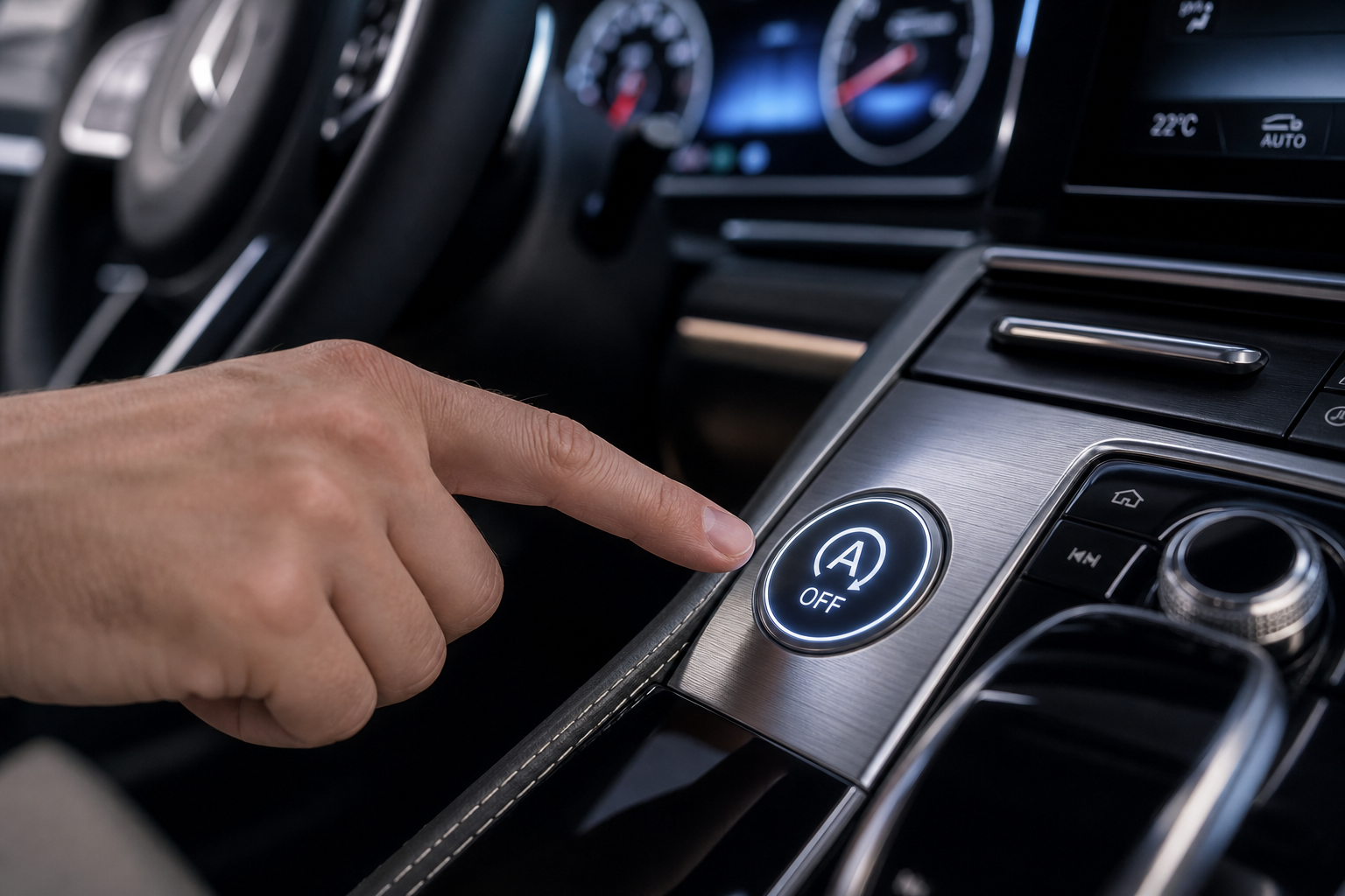 Close-up of a dashboard auto start-stop disable button in a luxury SUV interior