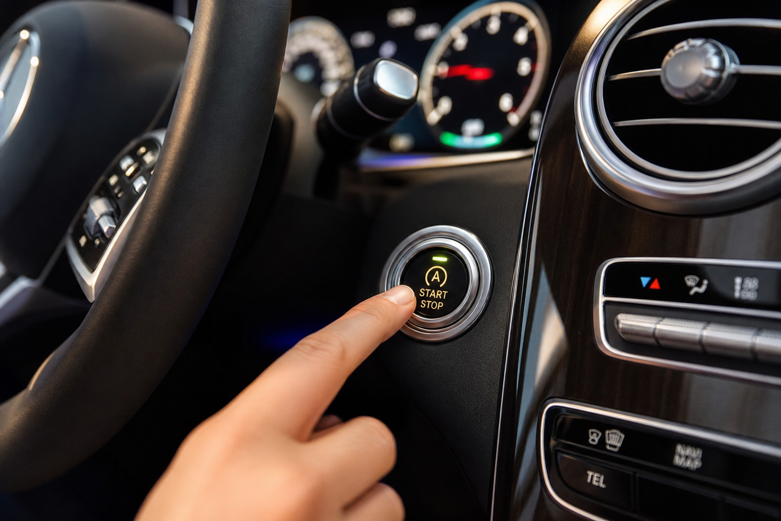 Close-up of a finger pressing the Auto Start/Stop button on a Mercedes-Benz GLC dashboard