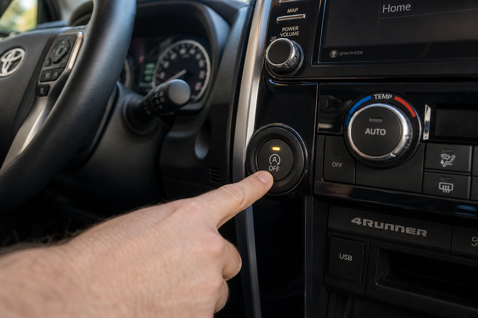 A finger pressing the auto start-stop disable button on a Toyota 4Runner dashboard