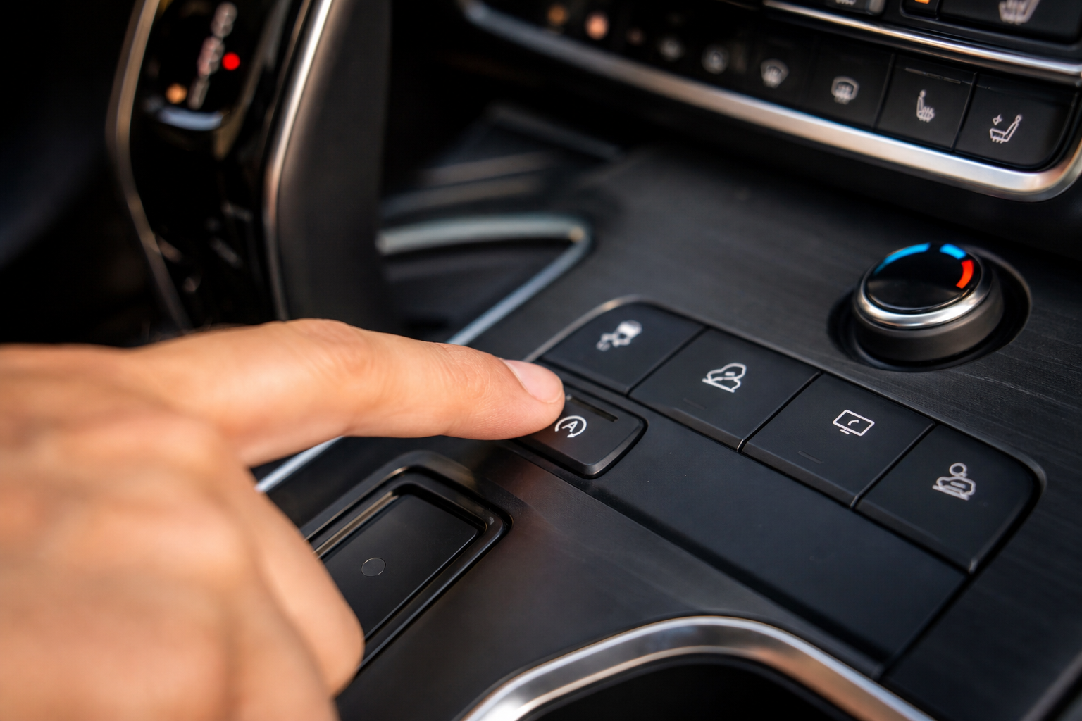 A finger pressing the auto start/stop disable button on a GMC Terrain center console