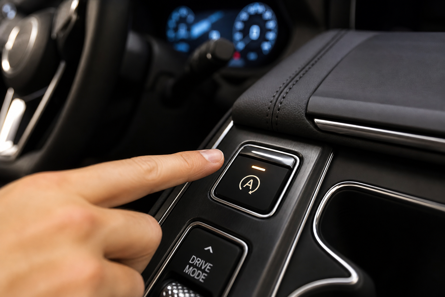 Finger hovering over the auto start-stop button on a Honda Passport center console