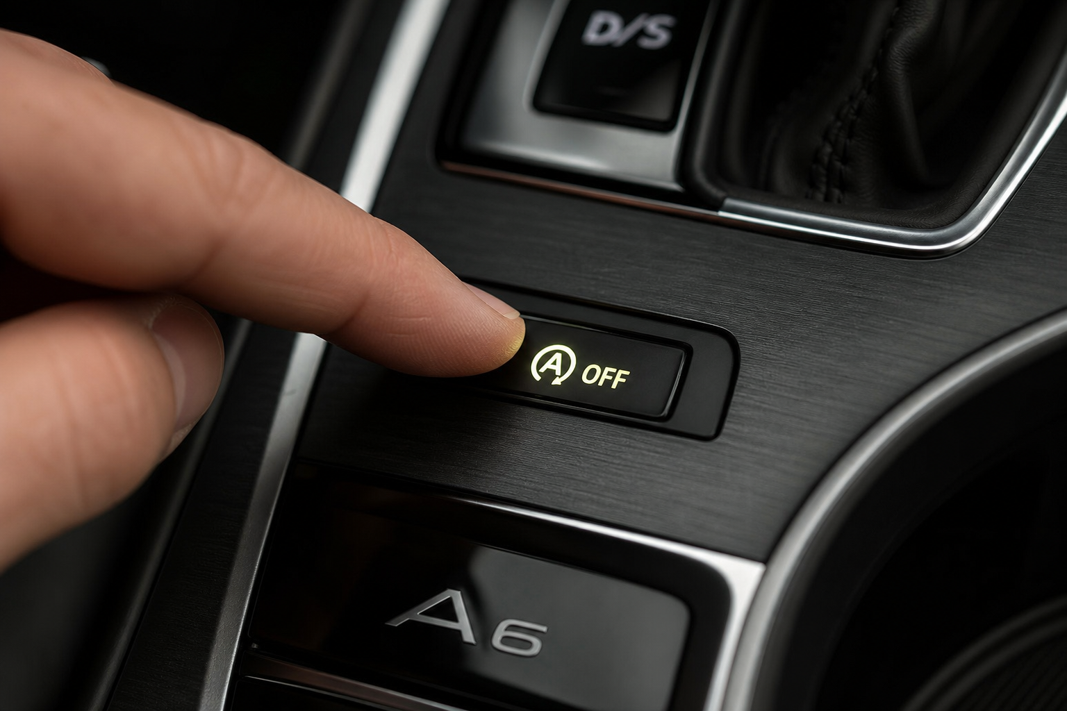 A finger pressing the auto start/stop button on an Audi A6 center console