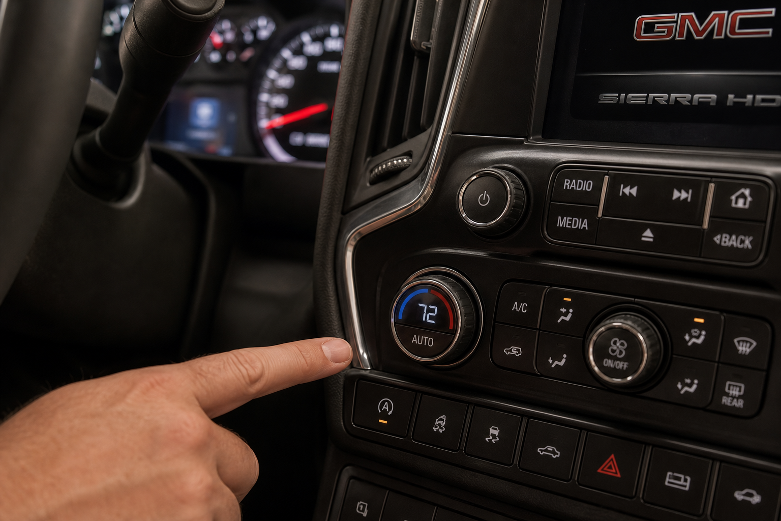 Driver's finger hovering over the auto start/stop button on a GMC Sierra HD dashboard