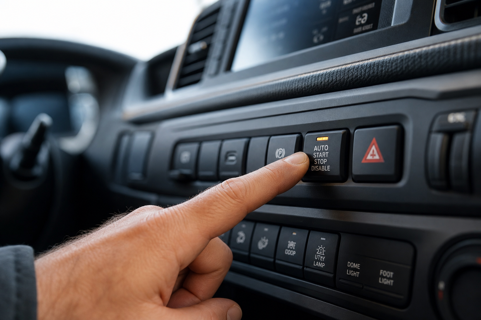 A finger pressing the auto start-stop disable button on a RAM HD truck dashboard