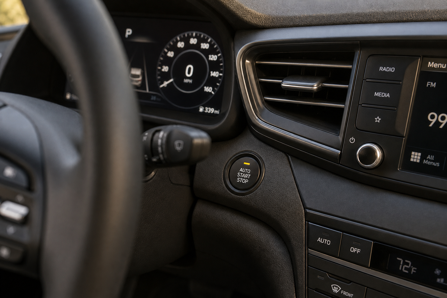 Close-up of the auto start-stop button on a Hyundai Elantra dashboard
