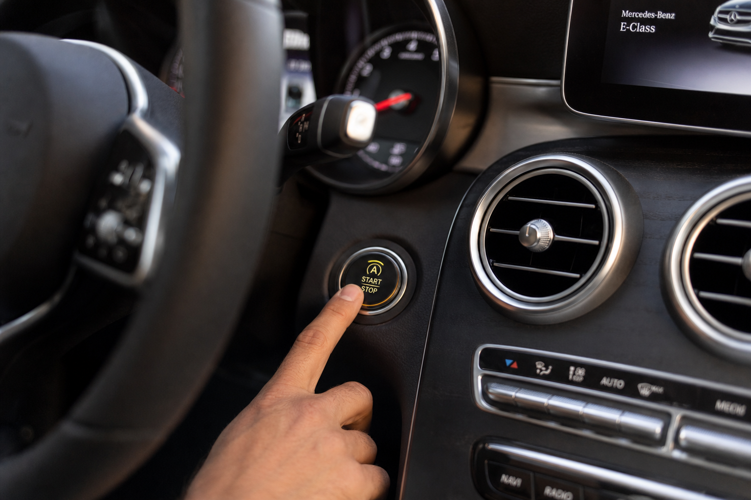 Finger pressing the auto start-stop disable button on a Mercedes-Benz E-Class dashboard