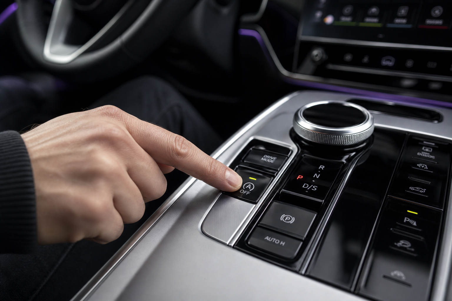 A driver's finger pressing the auto start/stop disable button on the dashboard of a Lexus NX