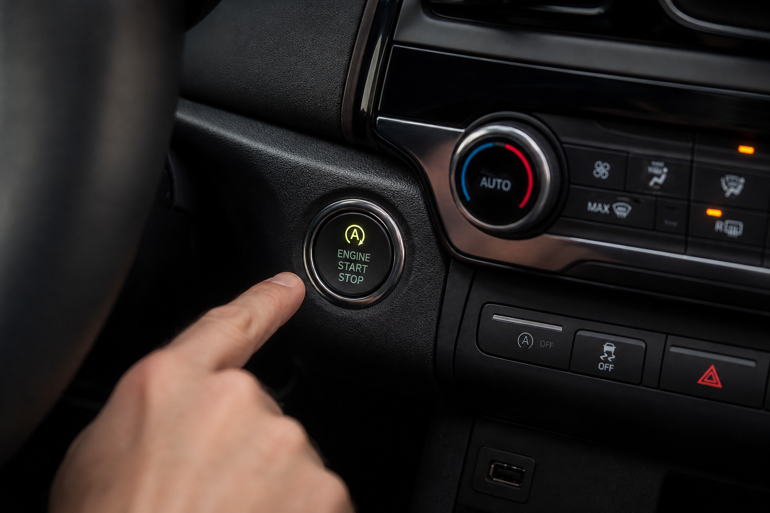 Close-up of the auto start stop disable button on a car dashboard