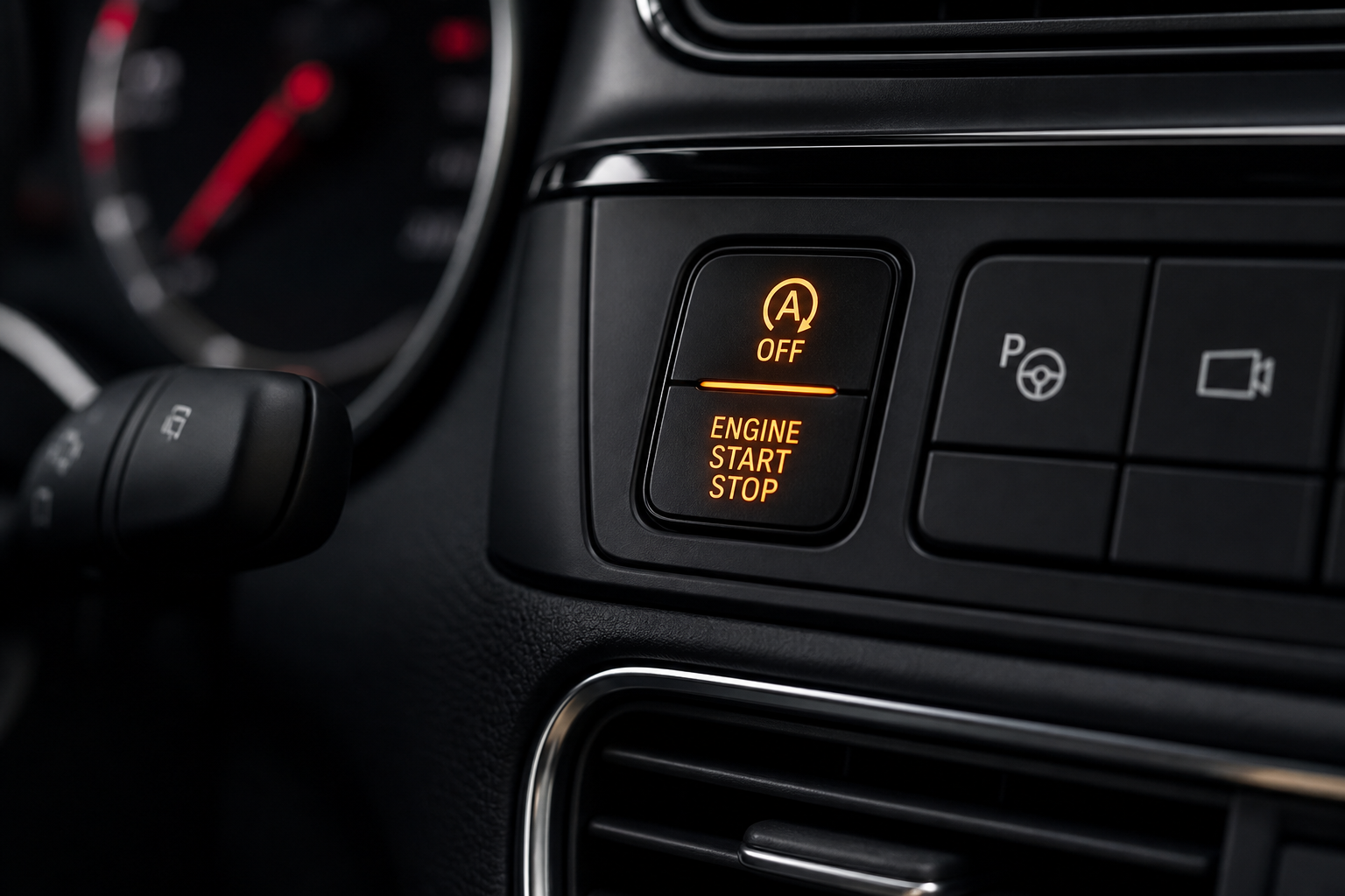 Illuminated i-stop disable button glowing on a modern car dashboard center console