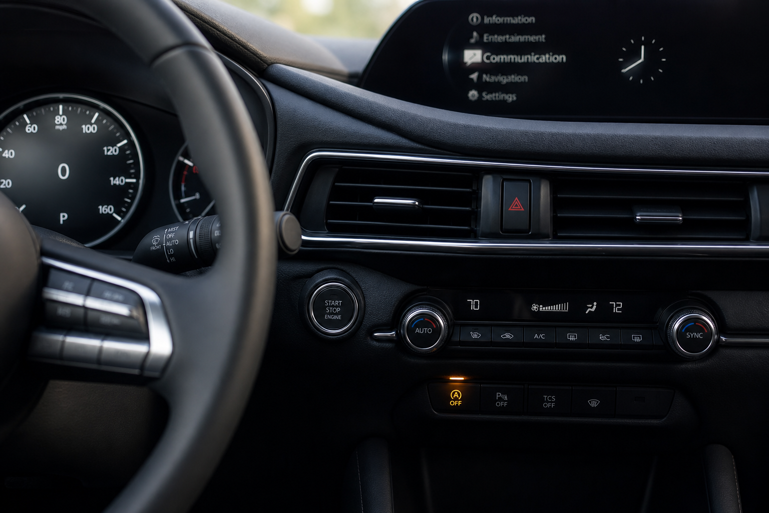 Close-up of the i-Stop button on a Mazda3 dashboard glowing orange